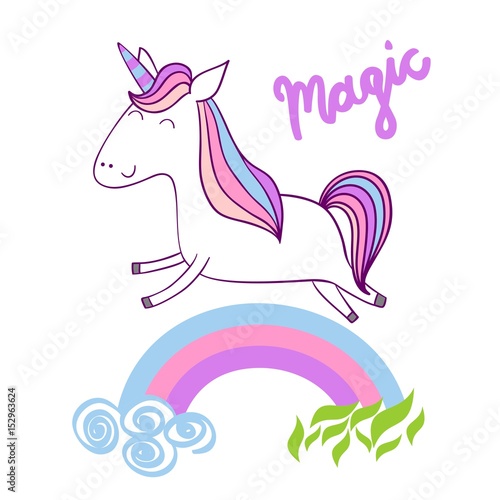 Magic cute unicorn with stars. Vector greeting card.