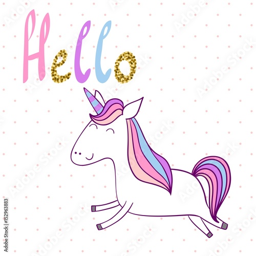 Hello. Magic cute unicorn. Vector greeting card. © Tapilipa