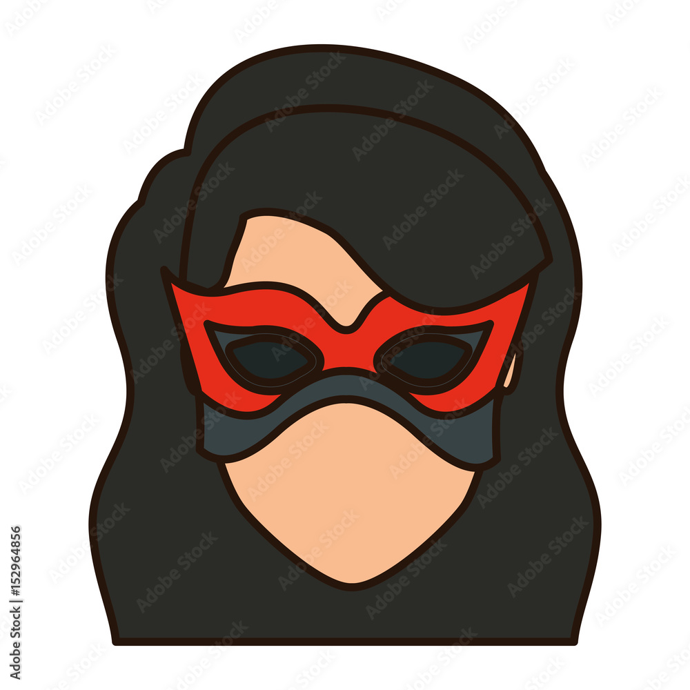colorful silhouette with faceless girl superhero with long wavy hair with fringe with mask and closed eyes vector illustration