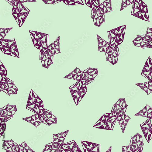 Abstract seamless pattern with elements in hand-drawn style. Purple geometric elements on light green background. You can use it as a computer wallpaper, background image or pattern.