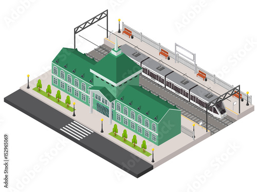 Railway Station, Platform and Train Isometric. Vector