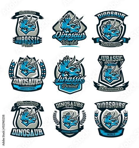 A set of colorful emblems, logos, dinosaurs of the Jurassic period. Triceratops, badge, shield. Vector illustration