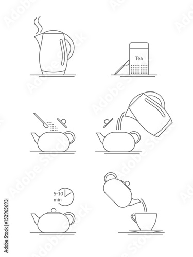 Tea Brewing Thin Line Set. Vector