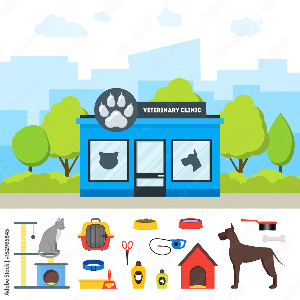 Naklejka premium Cartoon Veterinary Clinic Building and Elements Set. Vector