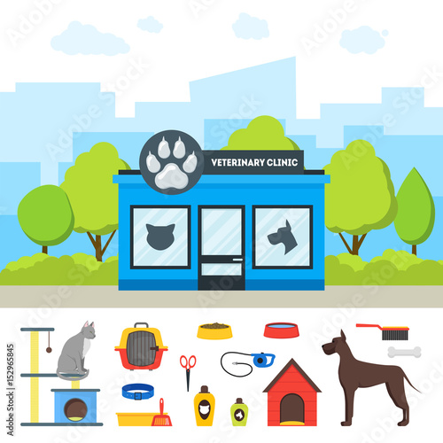 Cartoon Veterinary Clinic Building and Elements Set. Vector