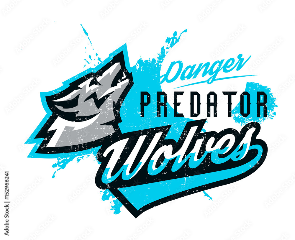 Design for printing on T-shirts, a wolf howling at the moon. Wild animal, predator, talisman, sports identity, logo. Vector illustration, grunge effect