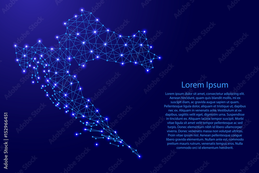 Map of Croatia from polygonal blue lines and glowing stars vector illustration