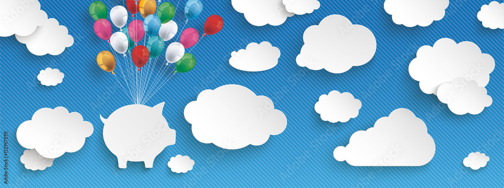 Obraz premium Sparschwein mit bunten Luftballons im Himmel zwischen den Wolken
