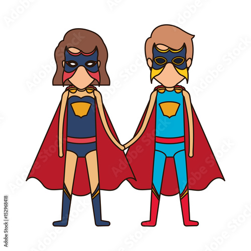 colorful silhouette with faceless couple of superheroes united of the hands and her with short hair and closed eyes