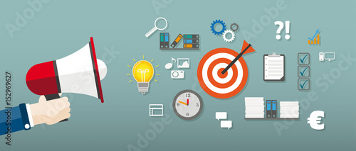 Euro Marketing Hand mit einem Megafon und Marketingicons