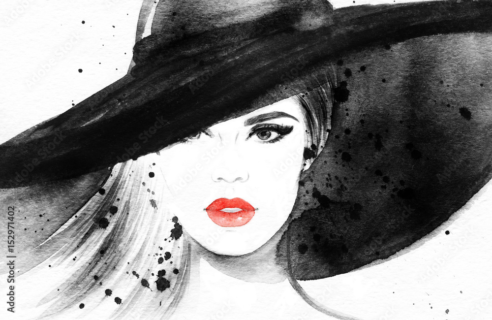 Beautiful woman in hat. Fashion illustration. Watercolor Stock Illustration Adobe Stock