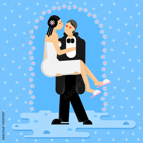 The groom carries the bride. Flat design style. Vector illustration.