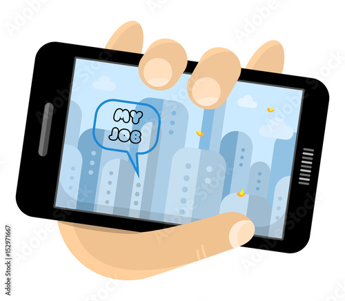 Hand holding smartphone. The screen is a photo of the city. Vector illustration.