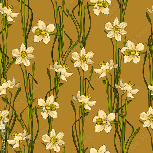 Elegance Seamless pattern with flowers daffodils  vector floral illustration in vintage style