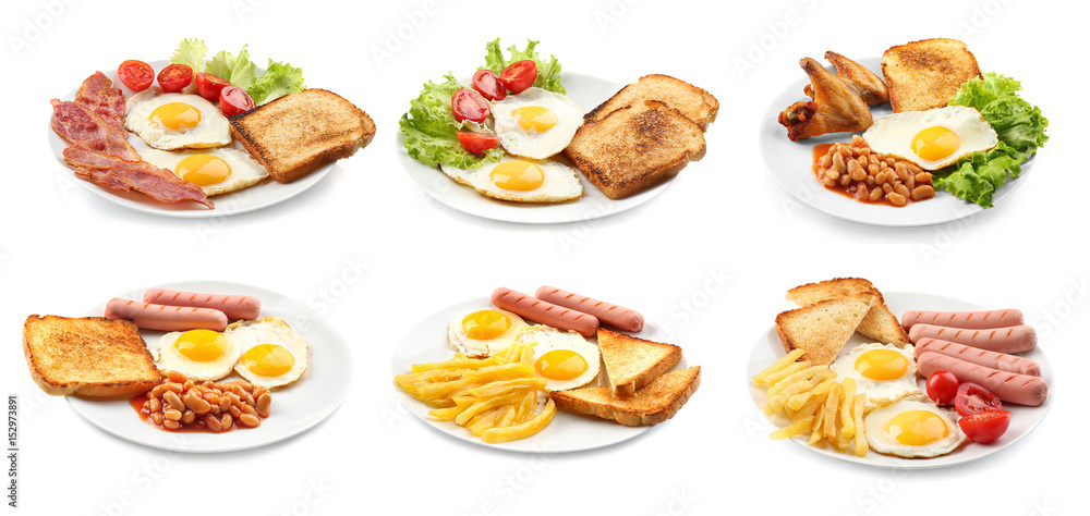 Ideas of breakfast with eggs. Different dishes on white background