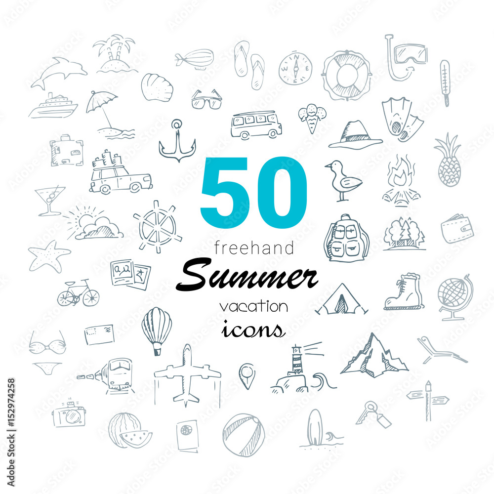 Freehand summer vacation icons. Vector illustration