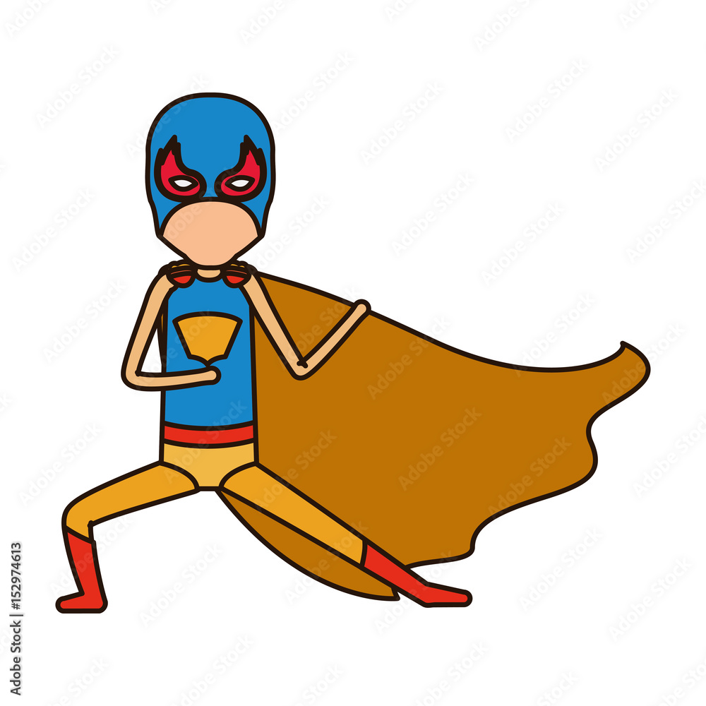 Naklejka premium colorful silhouette with faceless kid superhero in defensive pose with closed eyes vector illustration