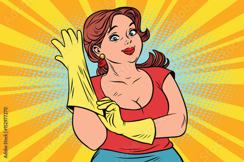 woman in rubber gloves cleaning