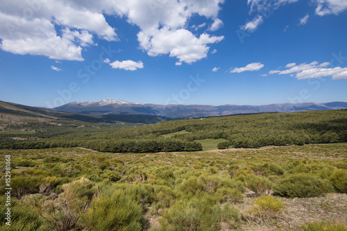 landscape green countryside, trees, blue sky and clouds in Lozoya Valley and Guadarrama Natural Park, from Morcuera mountains, in Madrid, Spain, Europe 