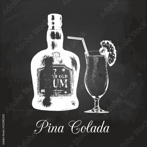 Hand sketched rum bottle and pina colada glass. Alcoholic drink drawing on chalkboard. Vector illustration of cocktail.