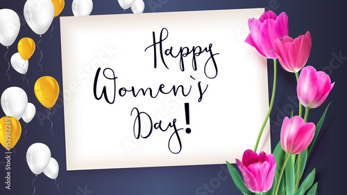 Greeting card with tulips around the sheet of paper with flying inflatable balloons. Realistic flowers tulips with petals and leaves, festive composition. Template for your creativity, greeting card.