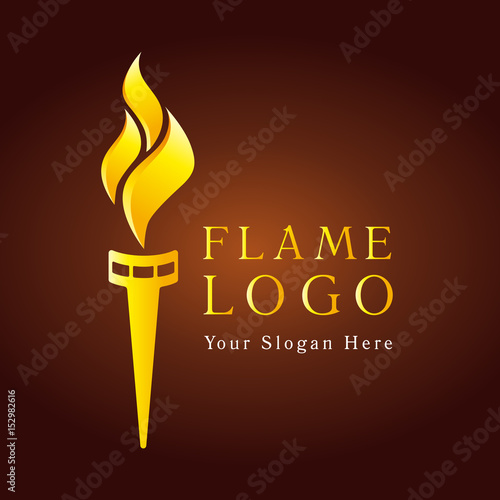 Olympic flaming torch logo. Sport fire gold colored sign. Competitions, union, club or confederacy icon with flames.