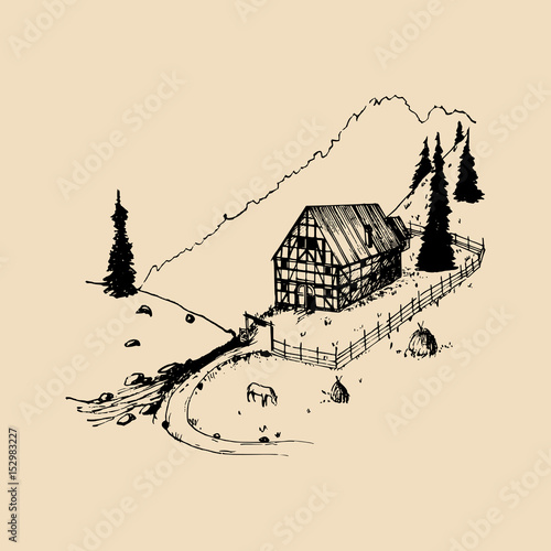 Sketch of german countryside homestead, peasants house in mountains. Vector hand drawn farm landscape illustration.