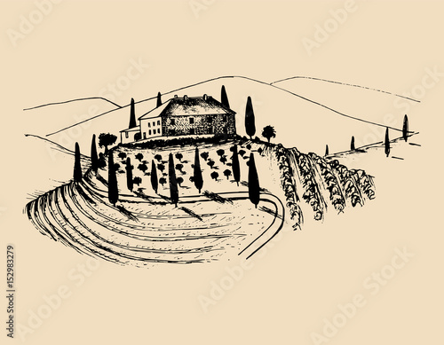 Sketch of villa, peasants house in fields. Vector rural landscape illustration. Hand drawn mediterranean homestead.