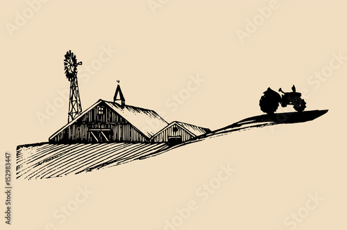 Sketch of village barn, tractor and windmill. Vector rural landscape illustration. Hand drawn agricultural homestead.