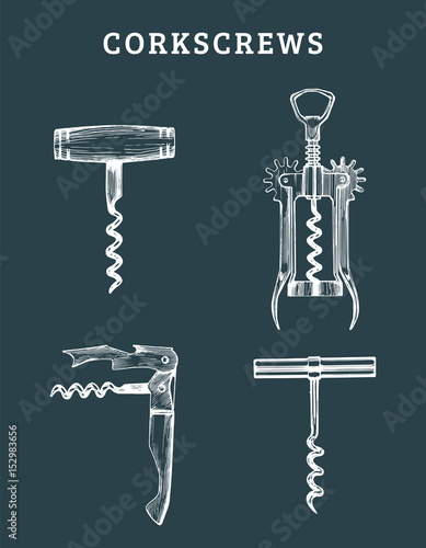 Hand drawn vector corkscrews set. Retro illustrations collection of different spins in sketch style.