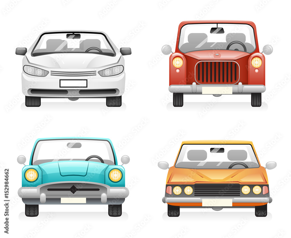 Front View Retro Modern Car Icons Set Isolated Design Transport Clipart Symbols Vector Illustration