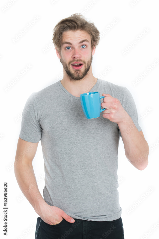 man or surprised guy drink from coffee or tea cup man or surprised guy drink from coffee or tea cup