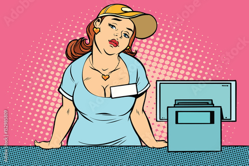 Bored retro woman seller at the checkout