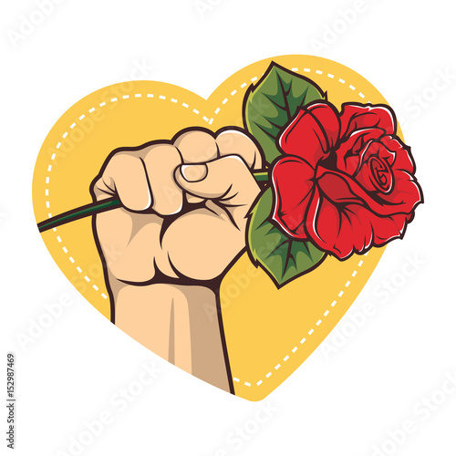 A clenched fist holding a rose
