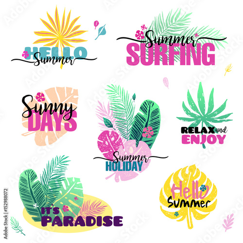 Summer set with palm trees labels, logos, tags and elements, for summer holid...