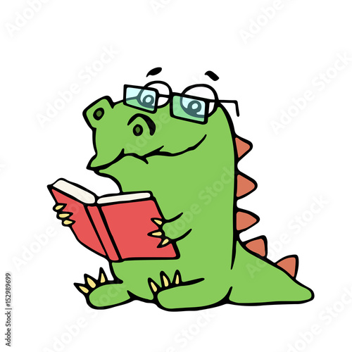 Funny dinosaur sits and reads a book. Vector illustration.