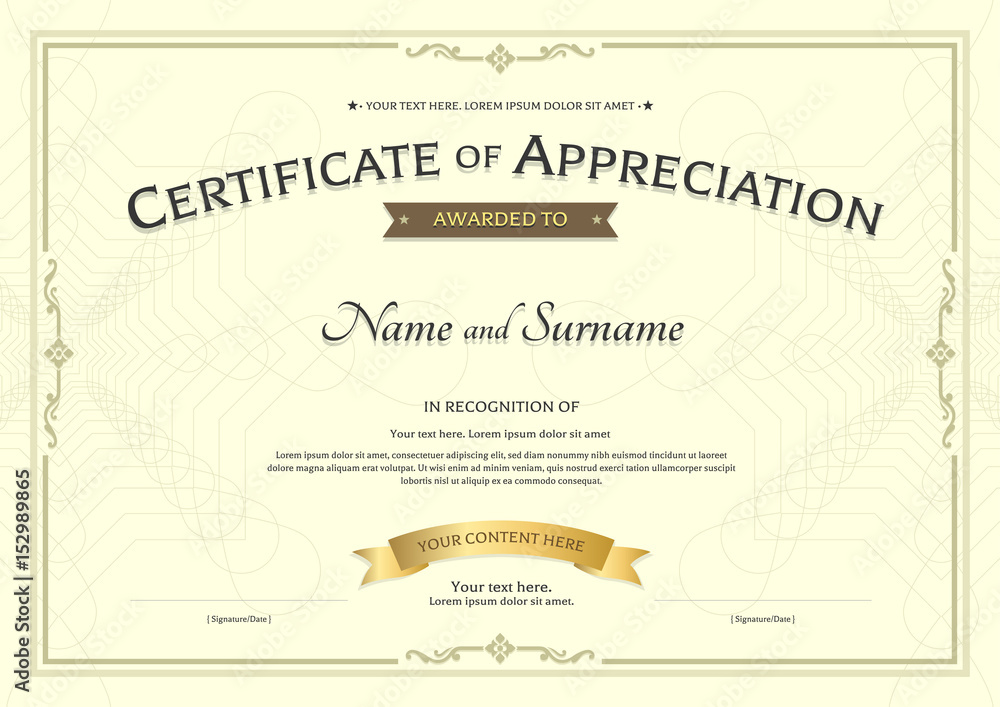 Certificate of appreciation template with award ribbon on abstract ...