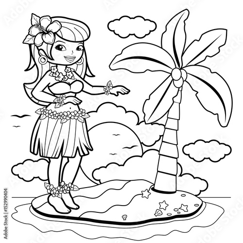 Hawaiian hula dancer woman dancing on an island. Vector black and white coloring page.