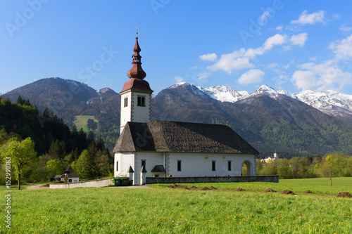 Typical slovenian church in the mountains, near Bohinj lake, Triglav National Park, Slovenia