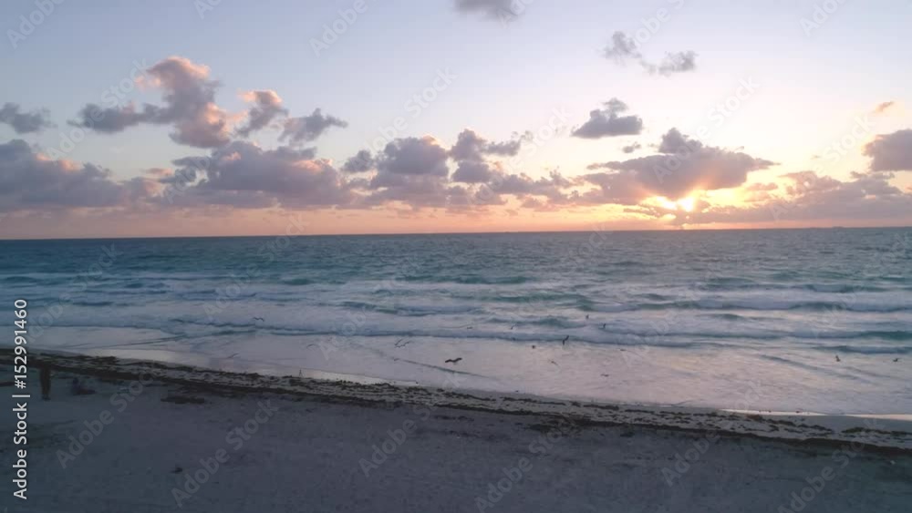 Sunrise Miami Lifeguard Tower Flying By Towards Atlantic Ocean Waves Sunrise Miami Lifeguard Tower Flying By Towards Atlantic Ocean Waves
