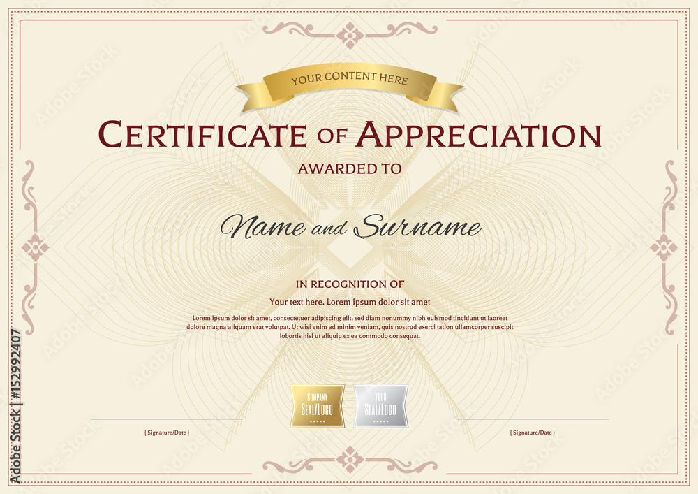Certificate of appreciation template with award ribbon on abstract flower guilloche background with vintage border style Certificate of appreciation template with award ribbon on abstract flower guilloche background with vintage border style