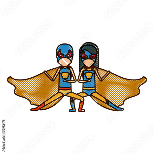 colored pencil silhouette with faceless duo of superheroes in defensive pose and her with straight long hair vector illustration