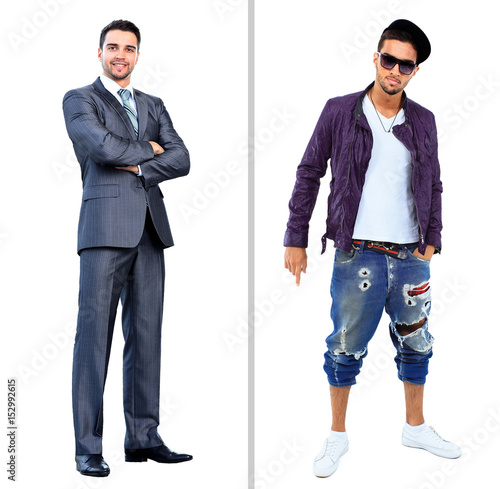 the photograph depicts a young man in casual clothes, close depicts a young man in a suit