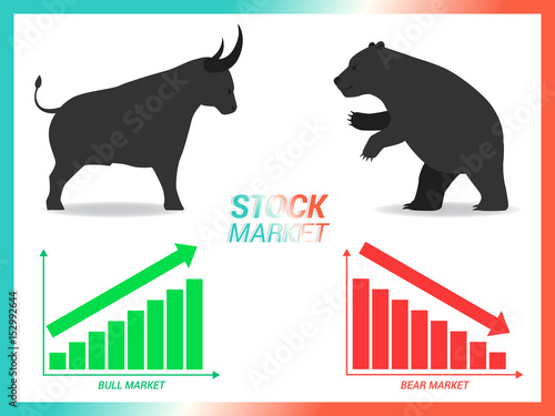 Stock market concept bull vs bear are facing and fighting on white background with downtrend and uptrend graph
