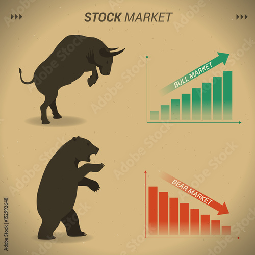 Stock market concept bull vs bear are facing and fighting on brown paper background with downtrend and uptrend graph