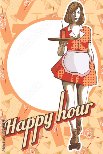 Waitress with a tray on roller skates, vector art. Waitress from a diner. Short skirt.