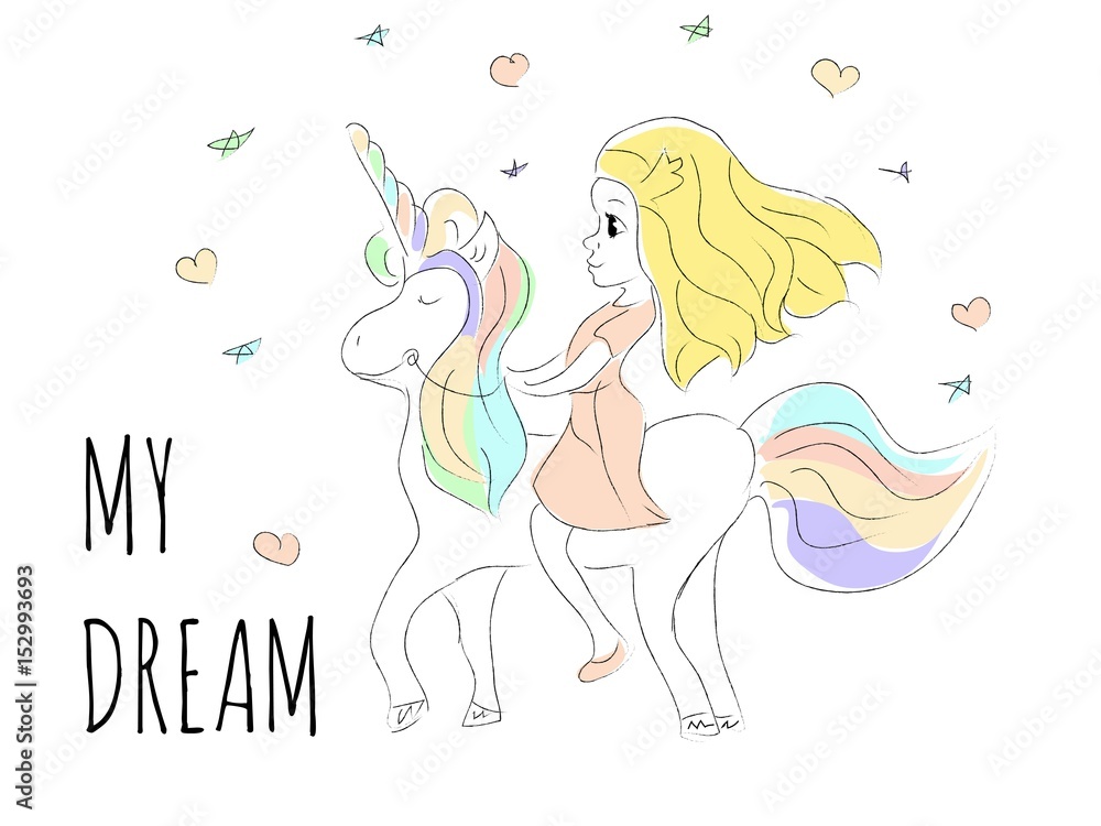 Cute cartoon drawing of a happy girl riding a unicorn Cute cartoon drawing of a happy girl riding a unicorn
