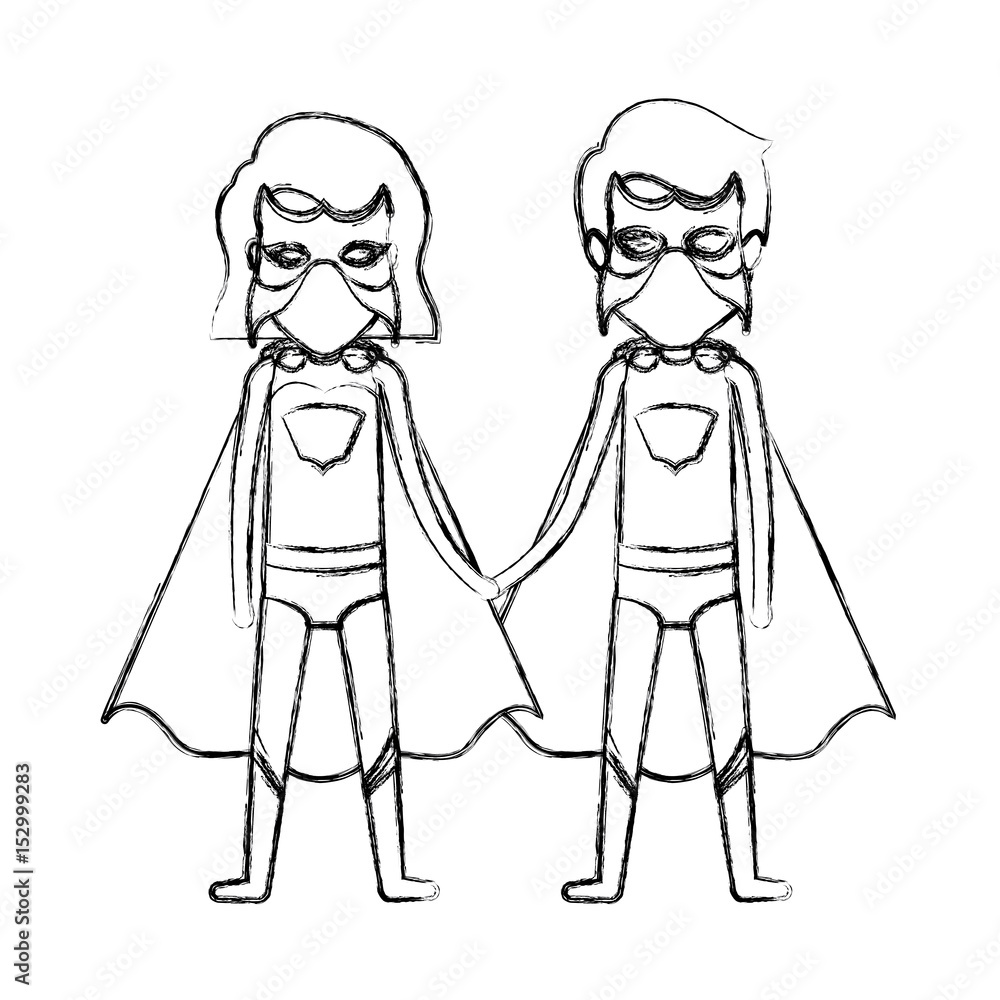 monochrome blurred contour faceless of couple of superheroes united of the hands and her with short hair vector illustration monochrome blurred contour faceless of couple of superheroes united of the hands and her with short hair vector illustration