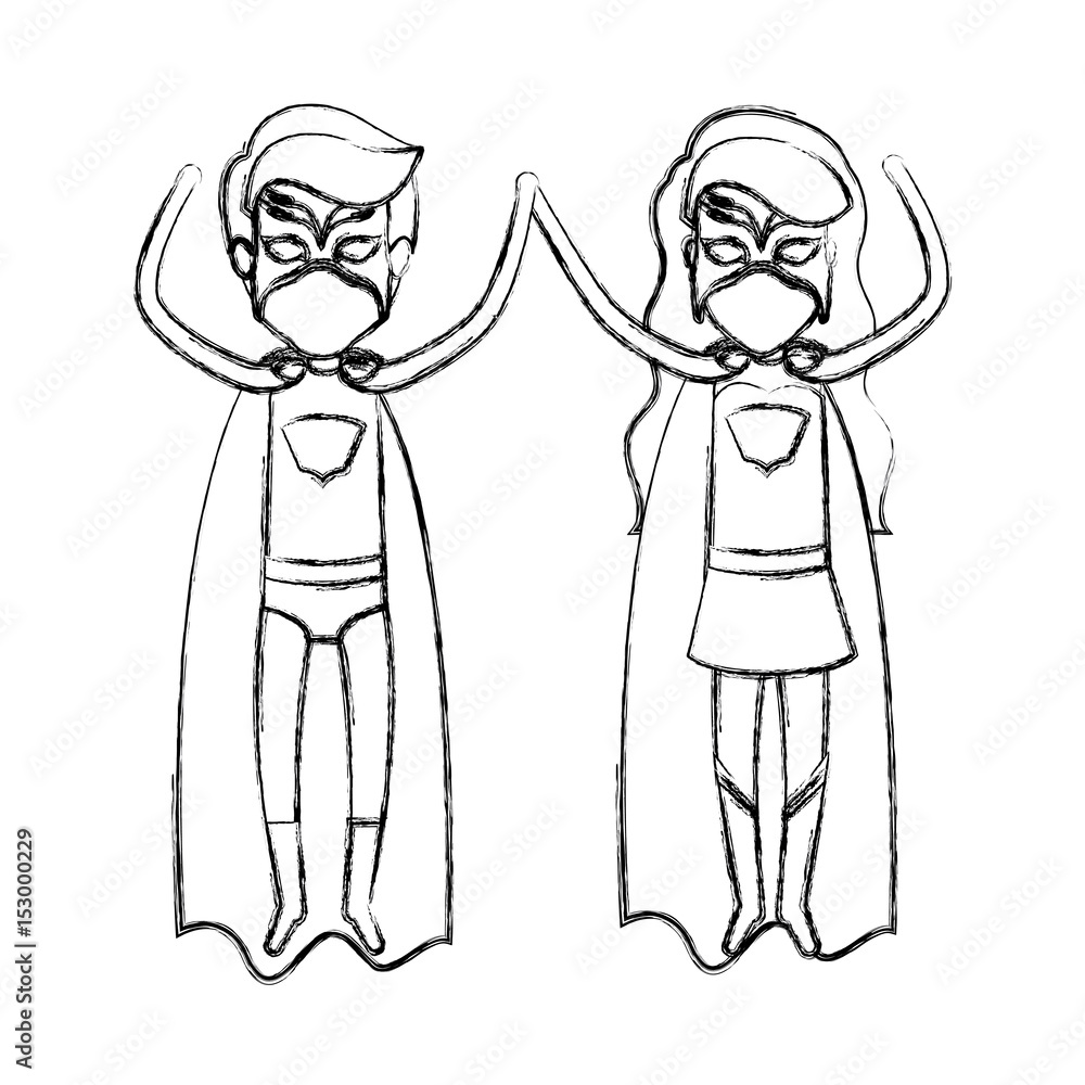 monochrome blurred contour faceless of couple of superheroes flying vertically vector illustration monochrome blurred contour faceless of couple of superheroes flying vertically vector illustration
