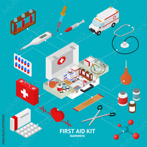 First Aid Kit Element Set Isometric View. Vector